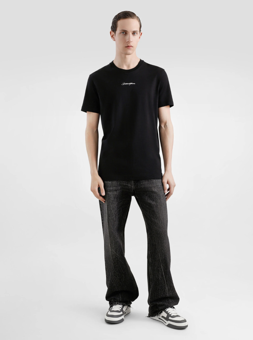 Dolce & Gabbana Men Black Crewneck T-Shirt With Signature Logo In Cotton Man DOLCE & GABBANA