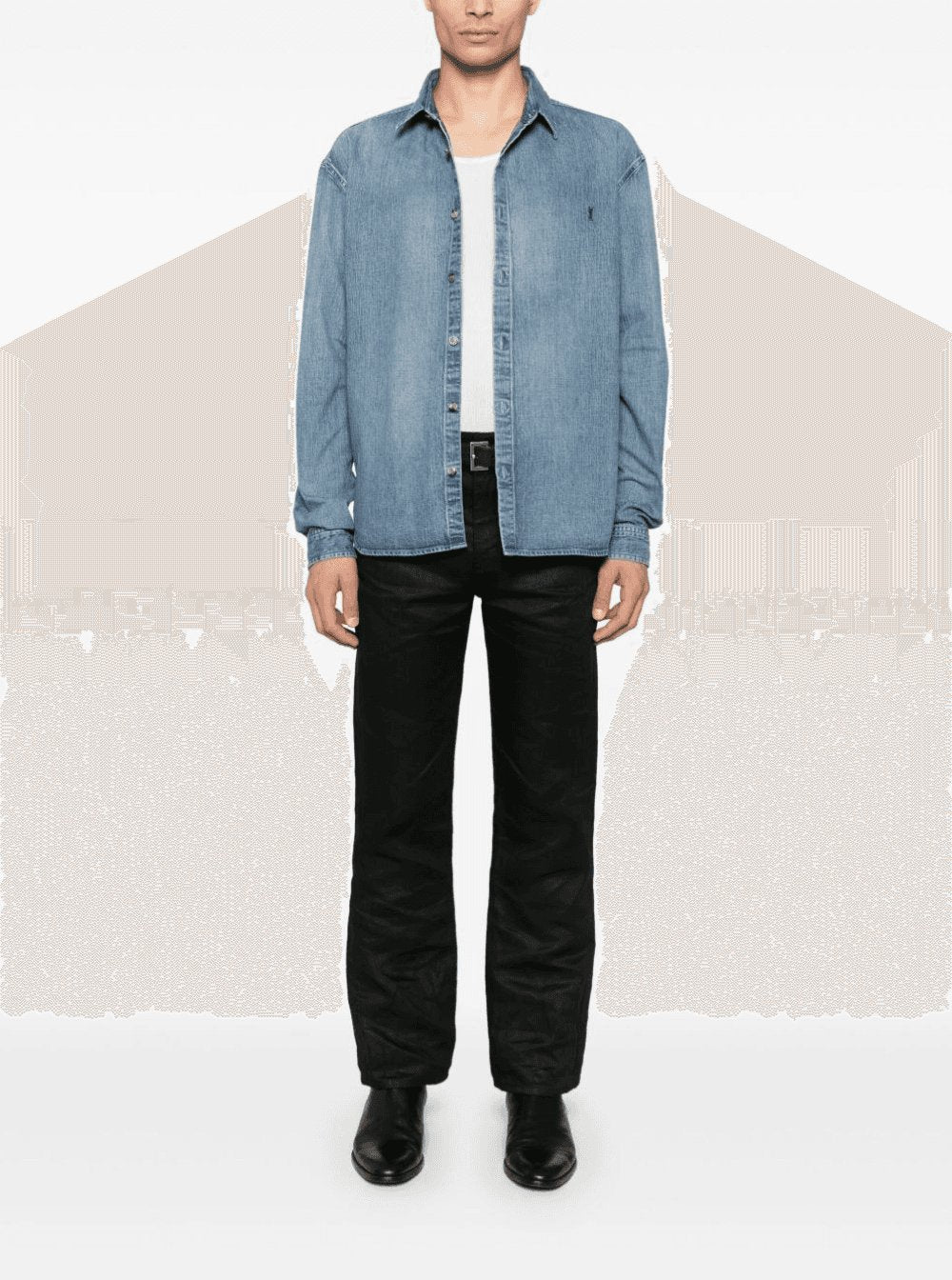 Saint Laurent Men Shirt With Classic Collar And Cassandre Embroidery On The Front In Light Blue Denim For Men SAINT LAURENT
