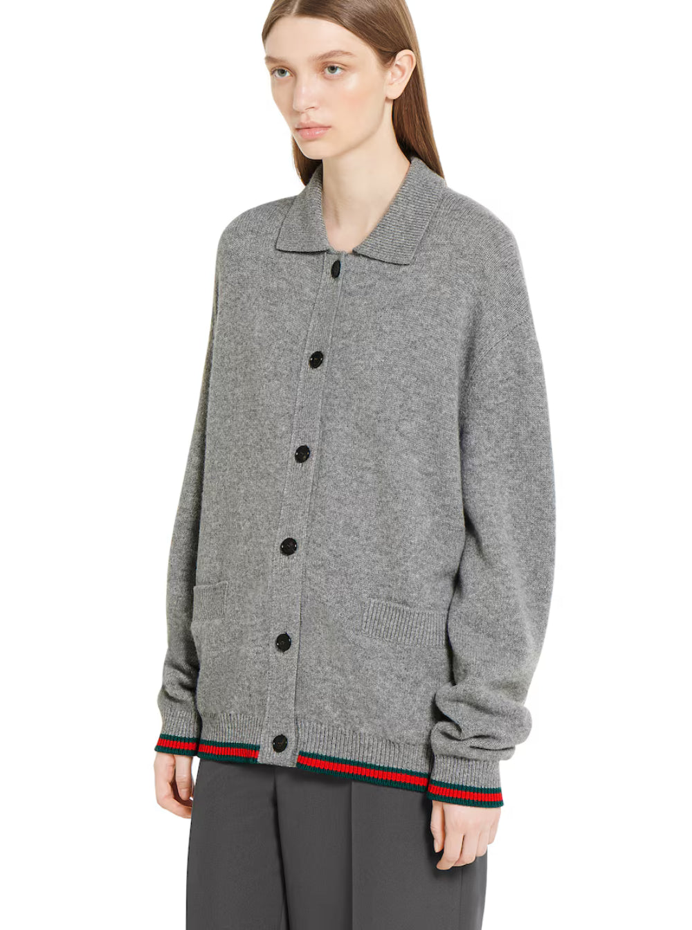 Gucci Women Grey Cardigan With Pointed Collar And Web Detailing On Edges In Wool And Cashmere Blend Woman GUCCI