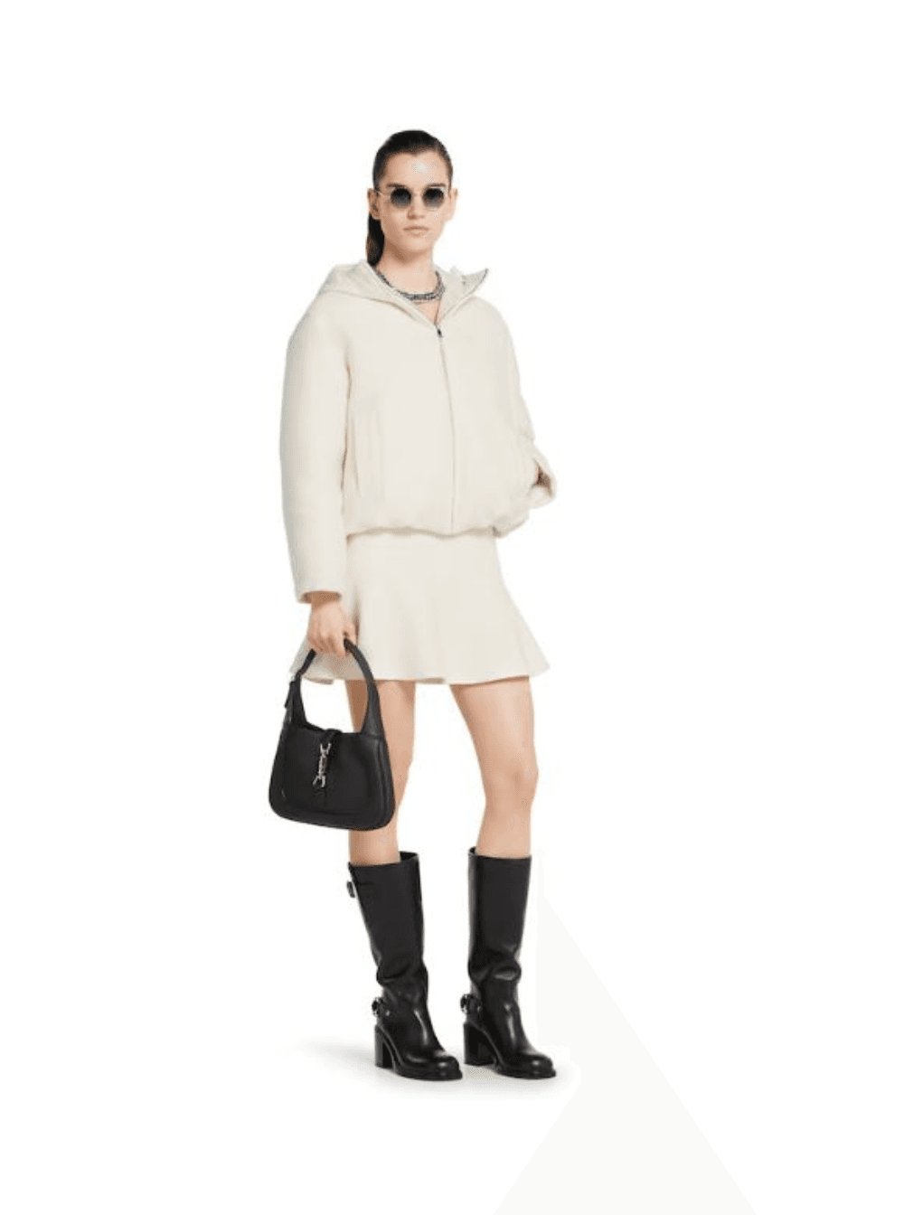 Gucci Women White Wool Bomber Jacket With Fixed Hood And Logo Lettering On The Front GUCCI