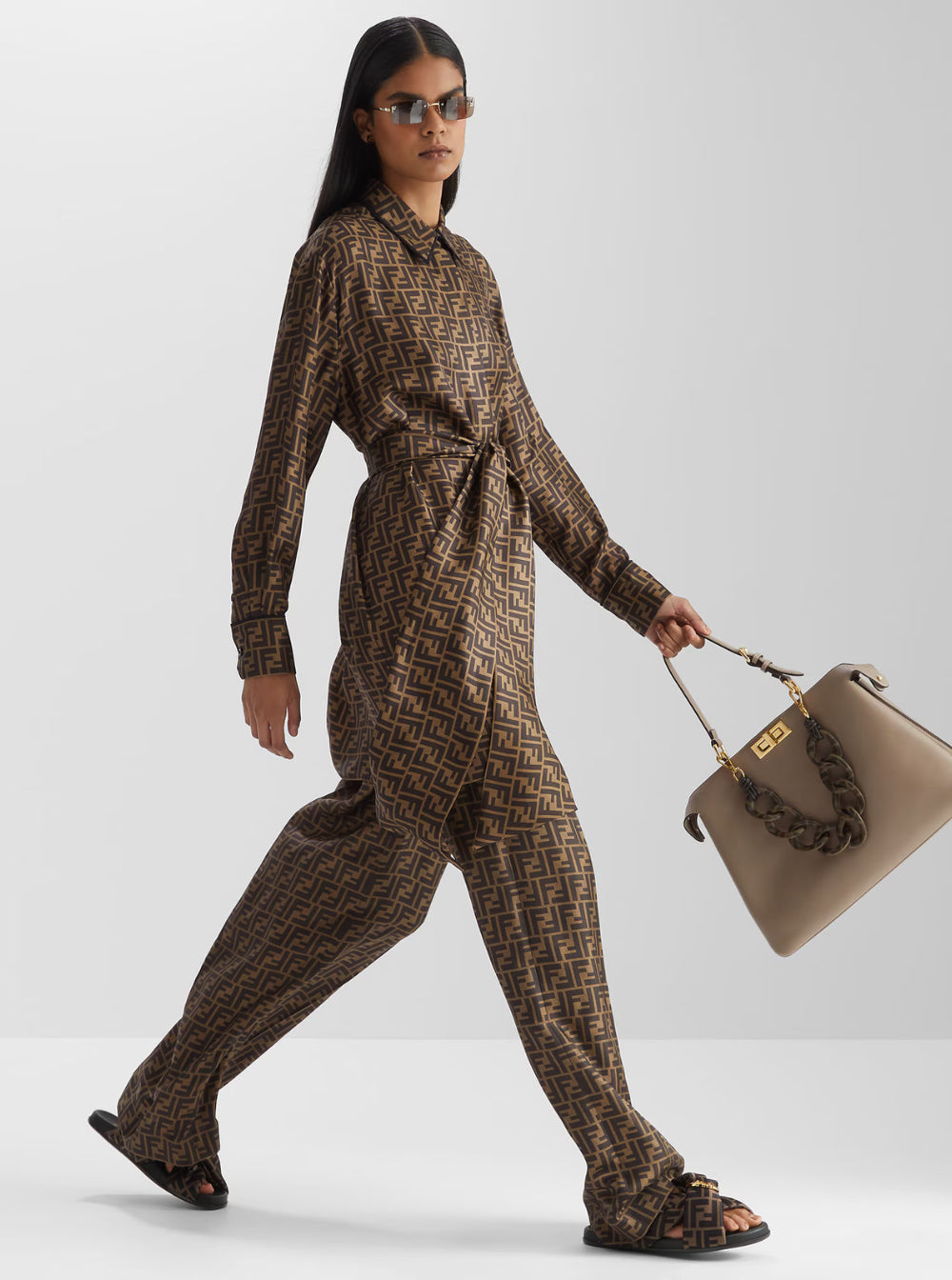 Fendi Women Wide Leg Pants With All-Over Ff Motif In Brown Silk For Women FENDI