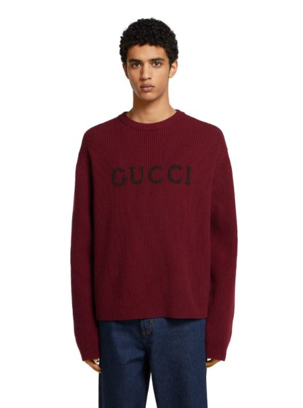 Gucci Men Bordeaux Crewneck Sweater With Logo Lettering Embroidery On The Front In Wool Man GUCCI