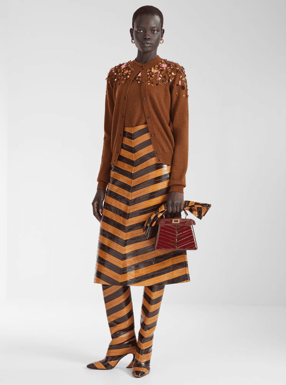 Fendi Women Brown Crewneck Cardigan With Rhinestone Embroidery In Wool And Cashmere Woman FENDI