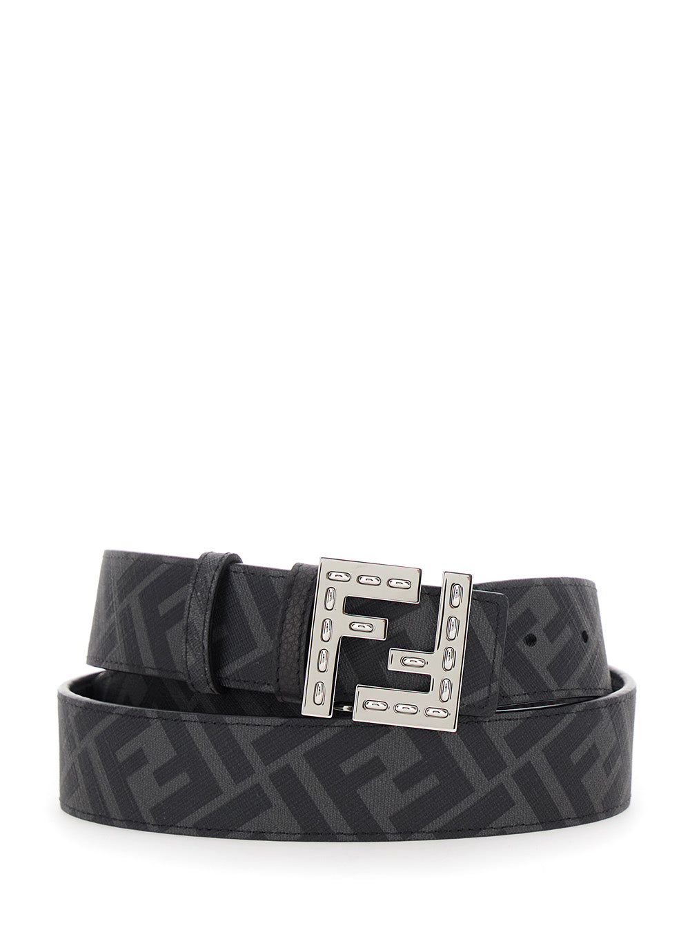 Fendi Men Belt With Ff Logo Plate In Metallic And Black Grained Leather For Men FENDI