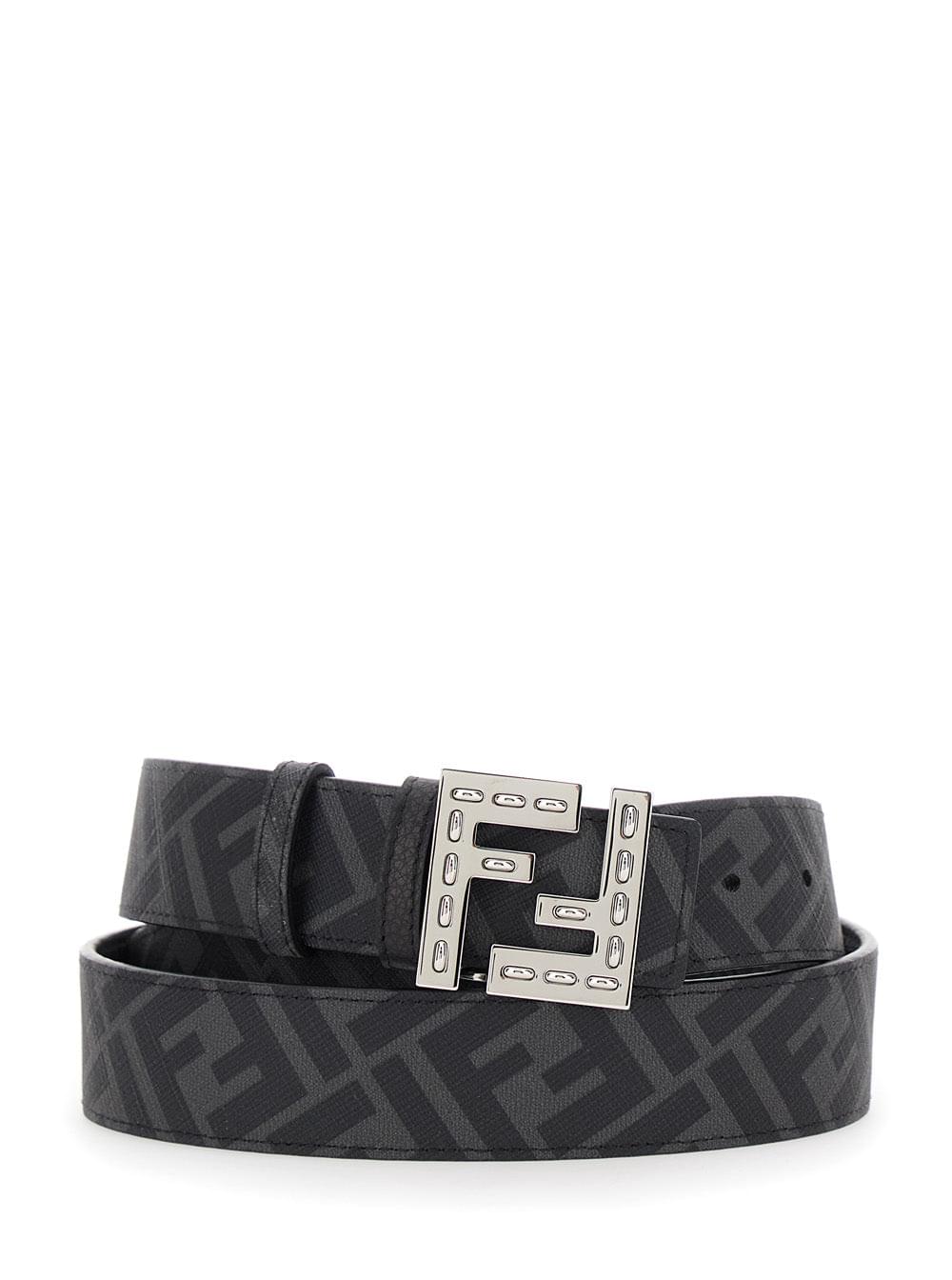 Fendi Men Belt With Ff Logo Plate In Metallic And Black Grained Leather For Men FENDI