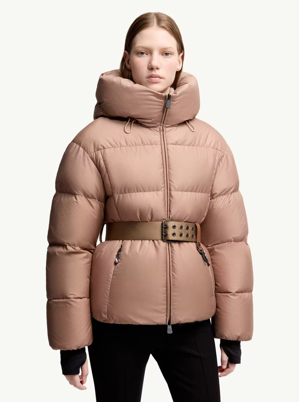 Moncler Grenoble Women 'Nisene' Pink Down Jacket With Buckled Belt On The Front And Logo Patch On The Sleeve In Tech Fabric Woman