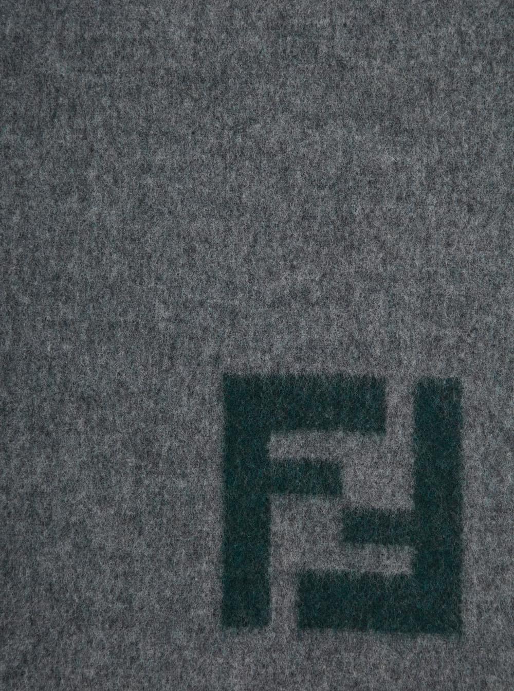 Fendi Men Grey Scarf With Fringed Hem And Ff Embroidery On The Front In Wool And Cashmere Man FENDI