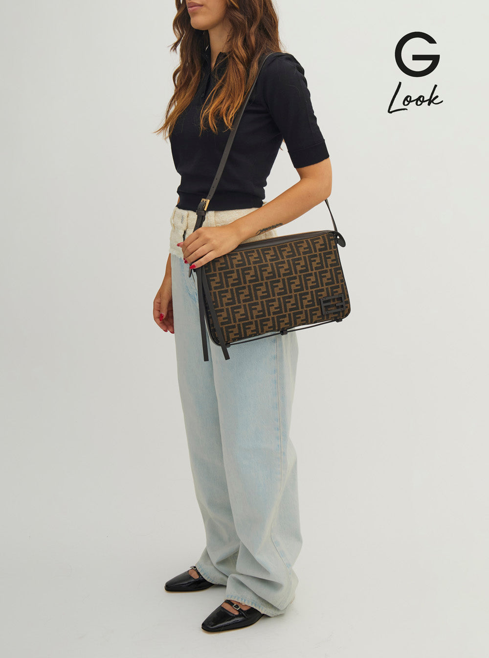 Fendi Women 'Simply Fendi Medium ' Brown Shoulder Bag With Ff Jacquard Detail In Fabric Woman FENDI