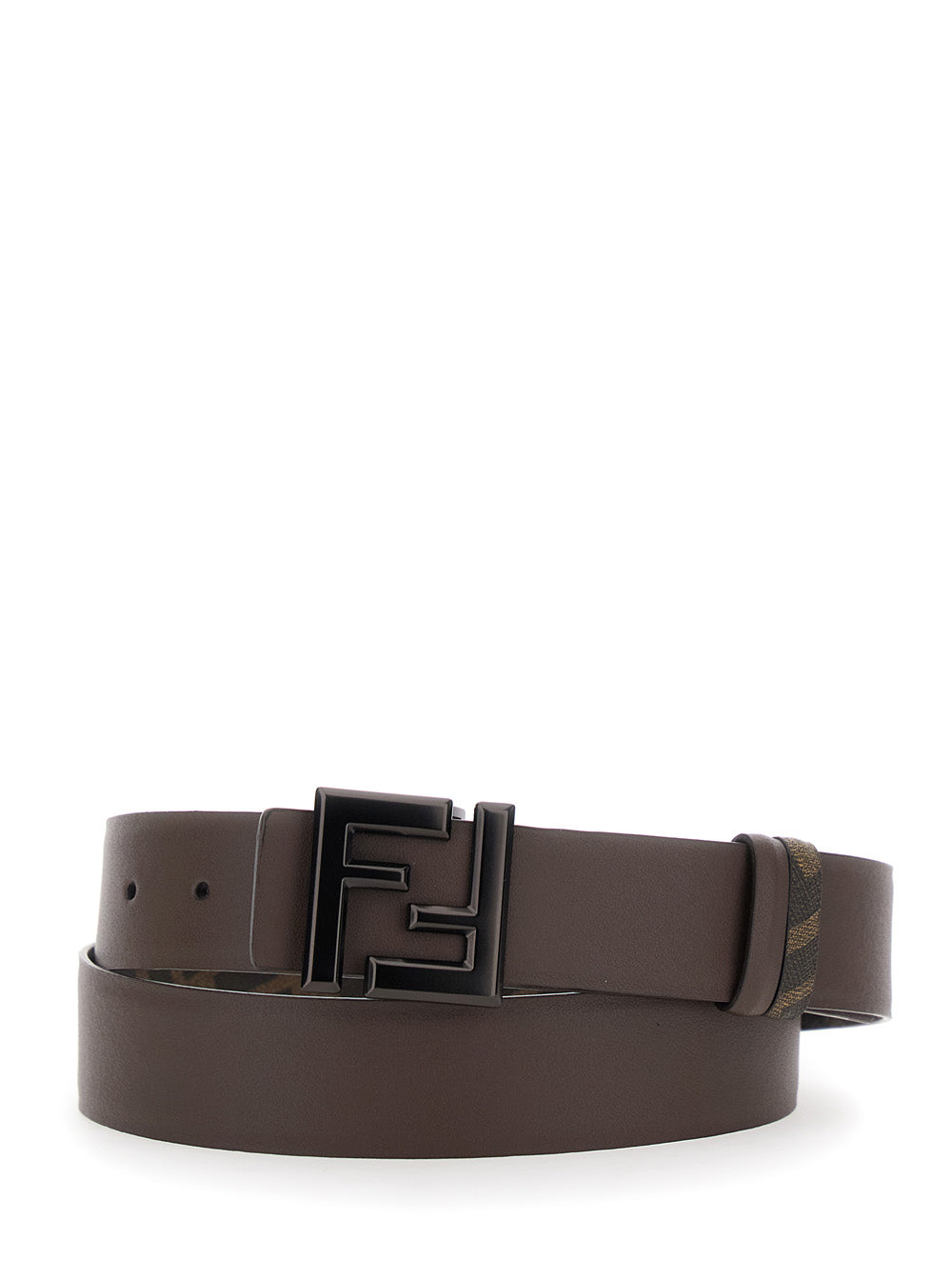 Fendi Men Belt With Ff Metallica Logo Plate And Brown Leather Front For Men FENDI
