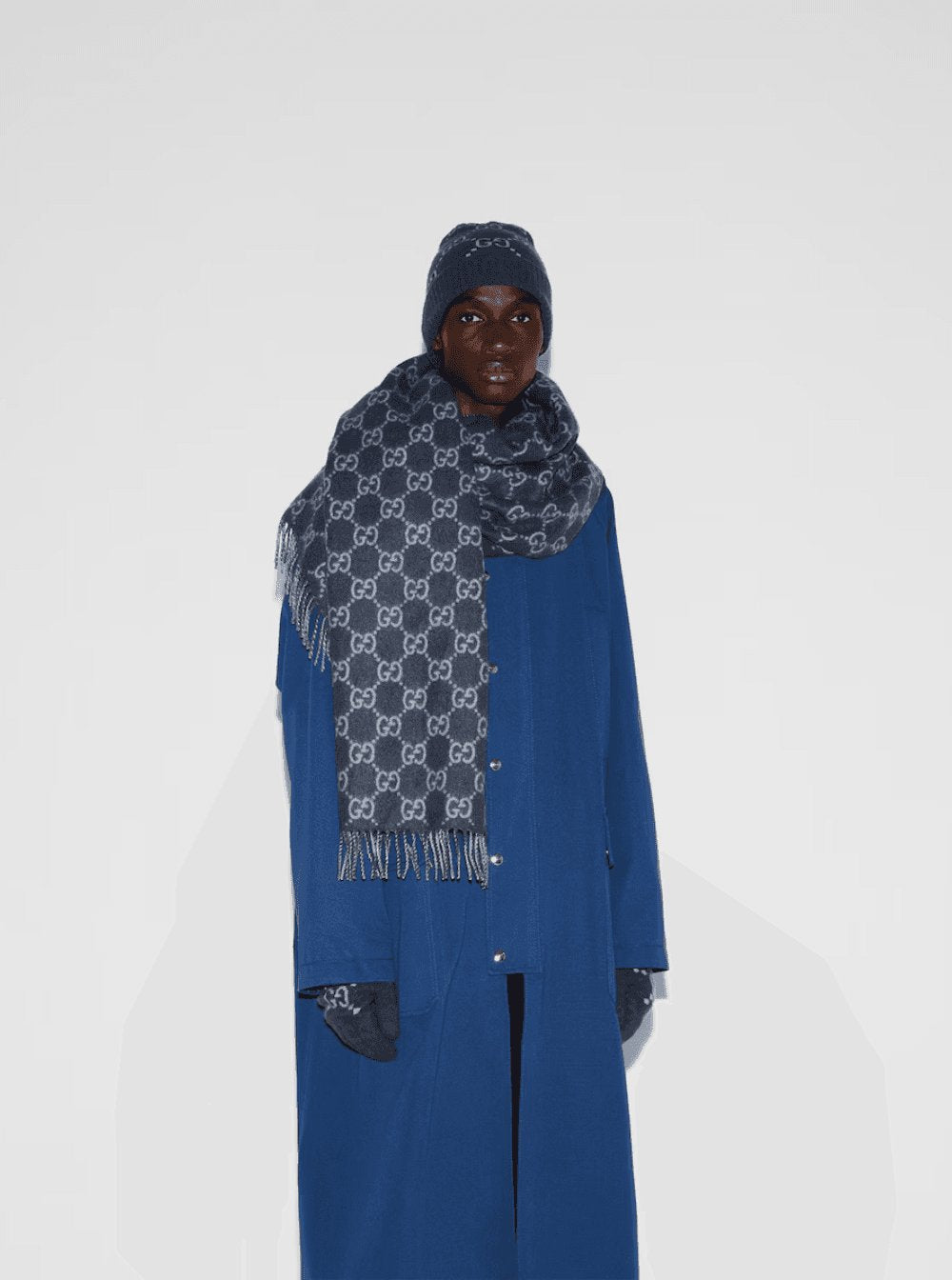 Gucci Men Hat "Gg All-Over" Blue With Cashmere Cuff Men GUCCI