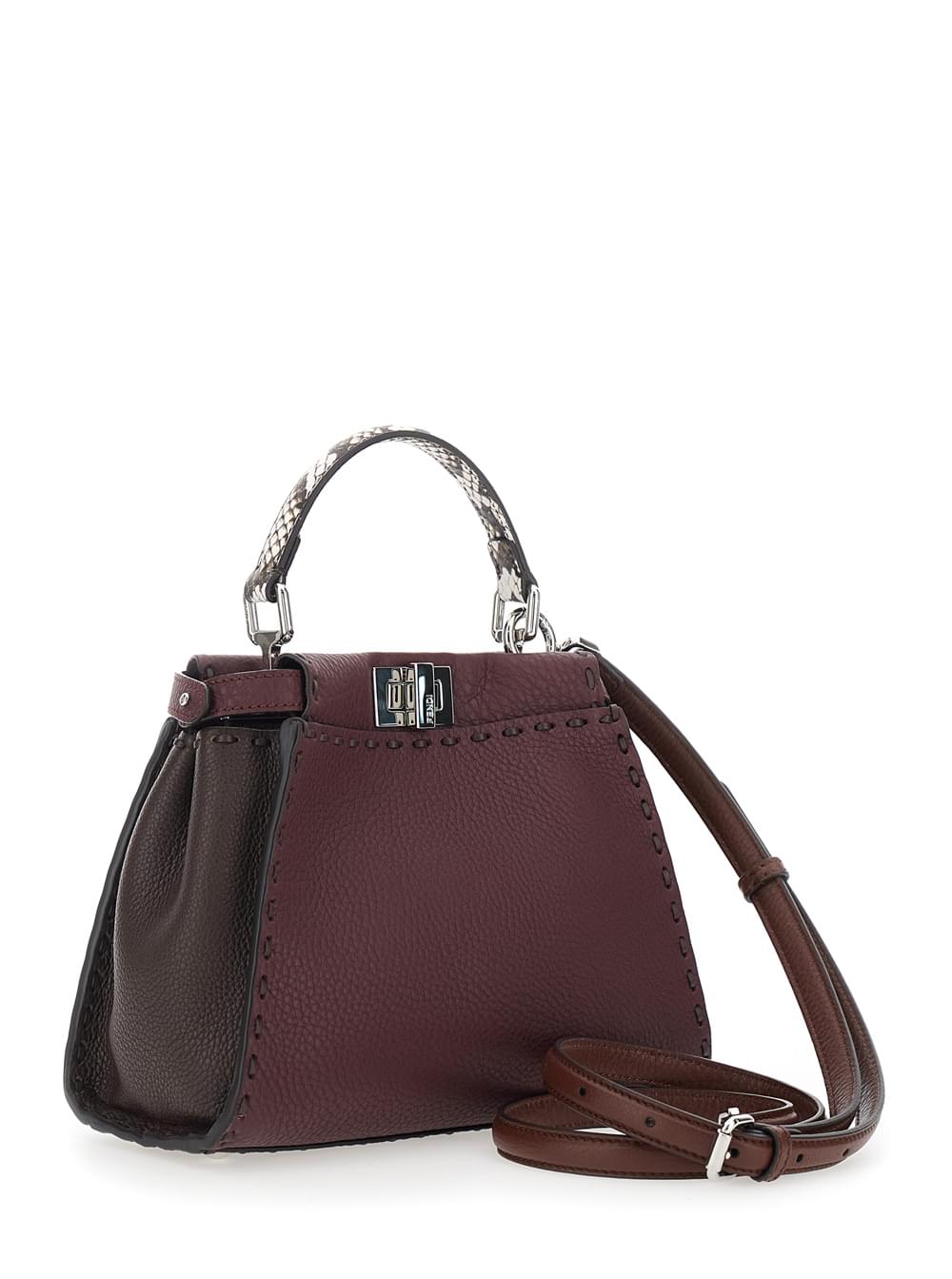 Fendi Women 'Peekaboo' Bordeaux Handbag With Snakeskin Handle And Turn-Lock Closure On Both Sides In Grained Leather Woman FENDI