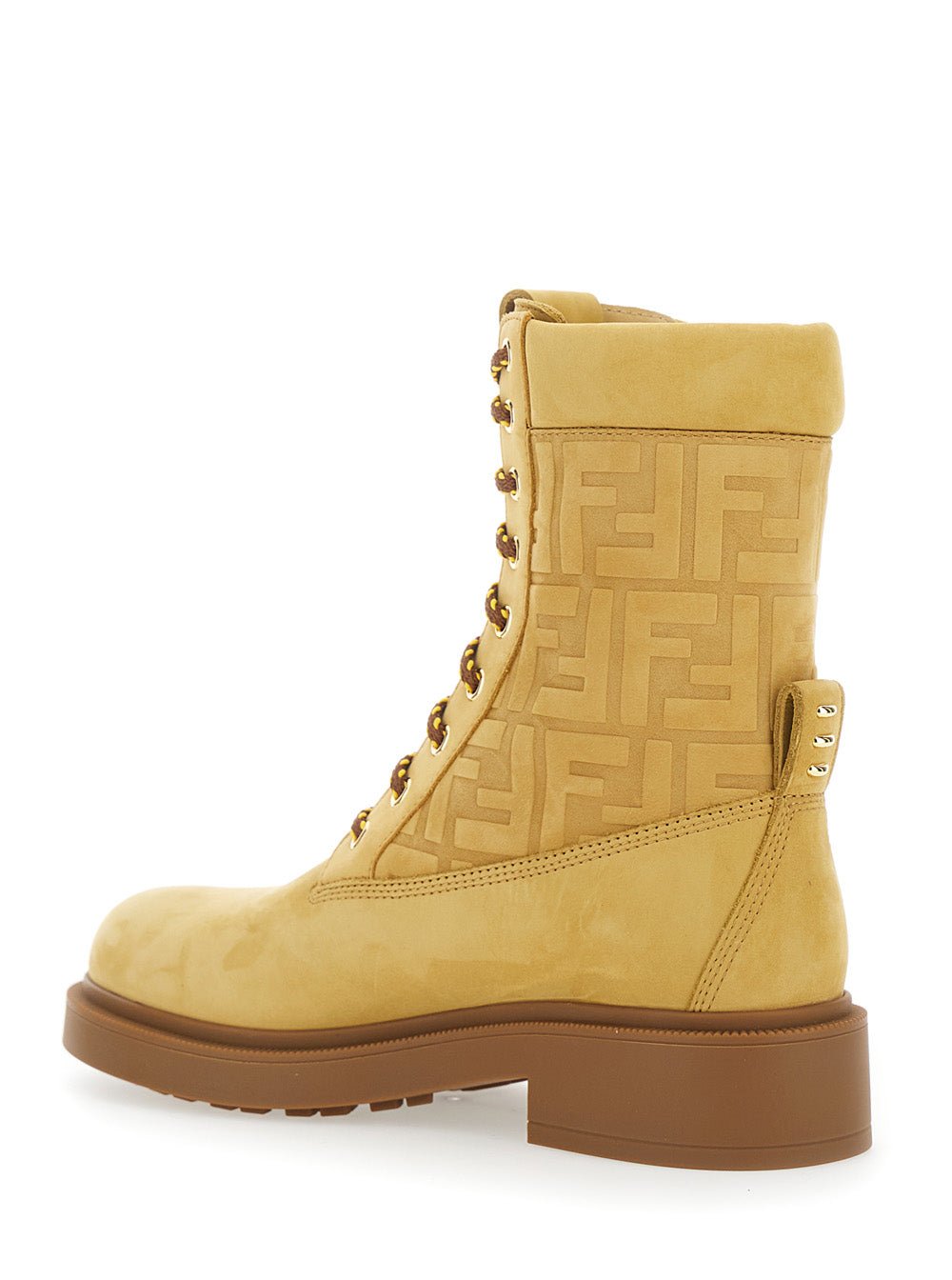 Fendi Women Yellow Combat Boots With Tone-On-Tone Ff Motif And Side Logo In Leather For Women FENDI