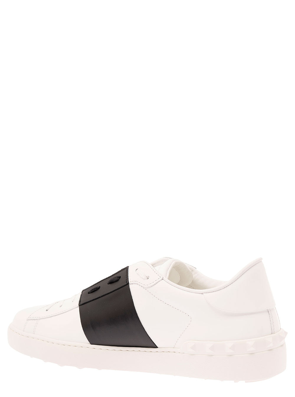 Valentino Garavani Men White 'Open' Low Sneakers With Contrast Band And Studs In Leather For Men VALENTINO GARAVANI