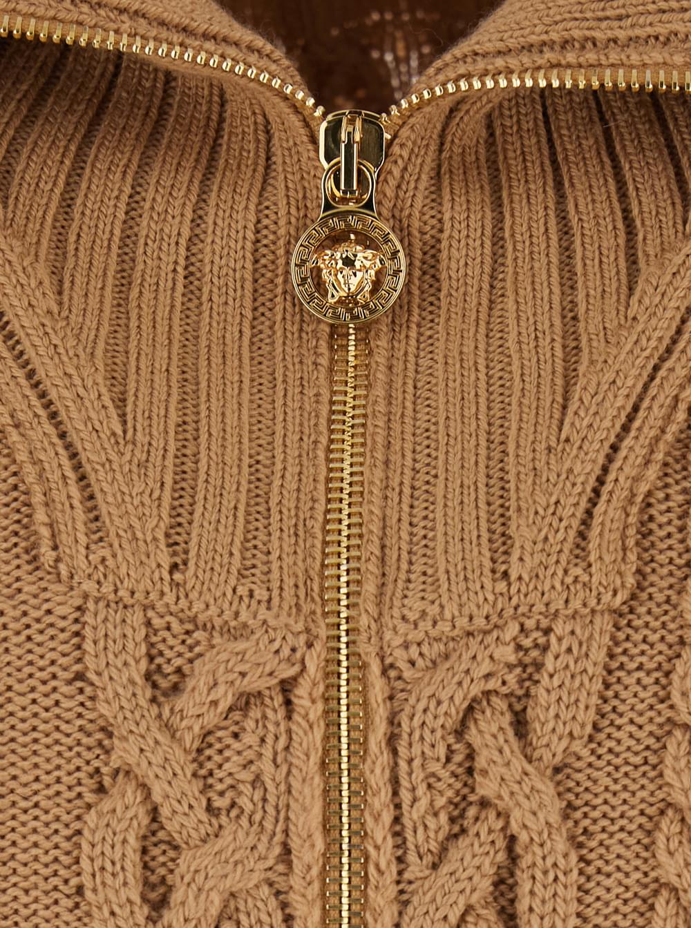 Versace Men Beige High Neck Sweater With Zip And Embroidered Medusa Head On The Back In Wool For Men
