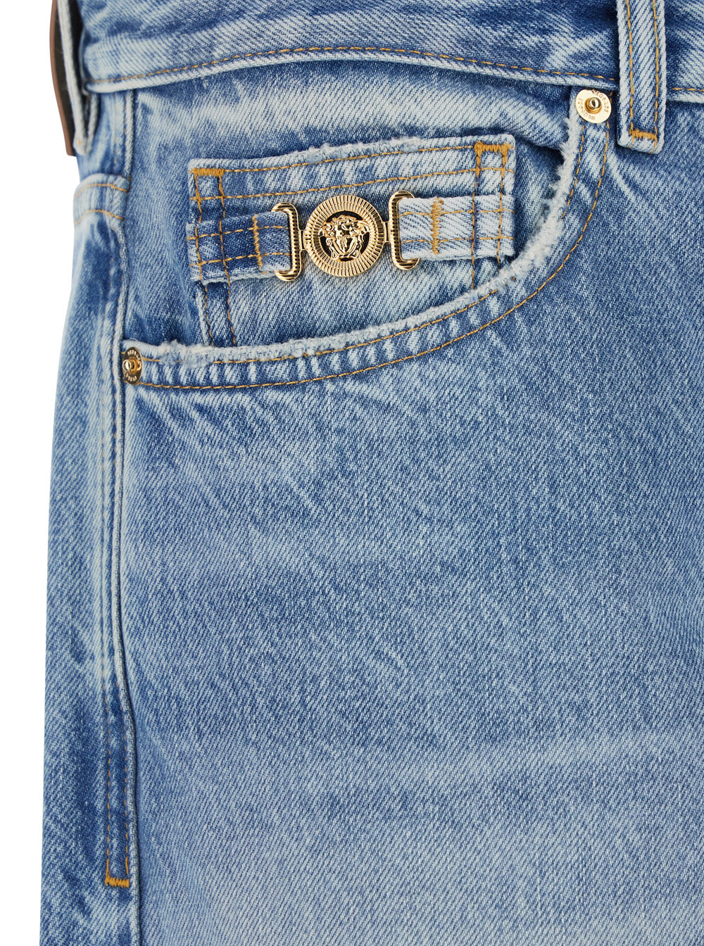 Versace Men Light Blue Jeans With Logo Patch On The Back And Faded Effect In Denim For Men