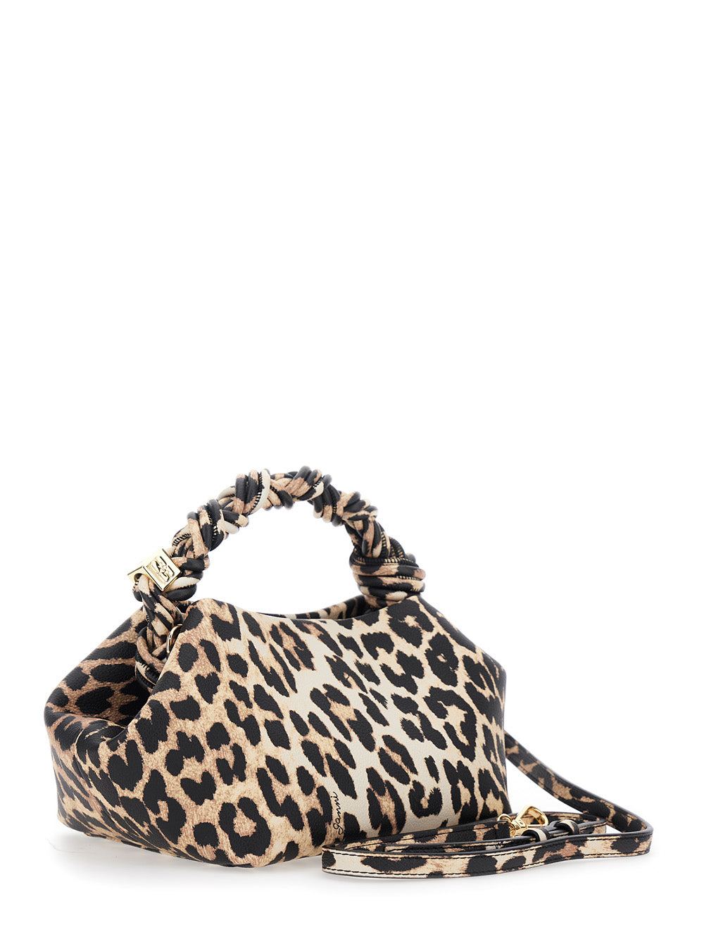 Ganni Women 'Bou' Brown Small Handbag With Braided Handle And All-Over Leopard Motif In Fabric Woman GANNI
