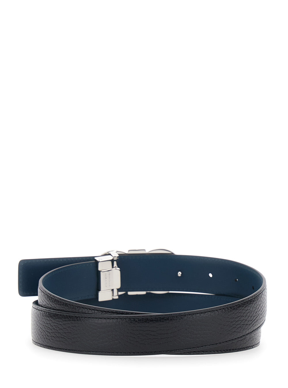 Ferragamo Men Black Reversible Belt With Gancini Buckle In Hammered Leather Man FERRAGAMO