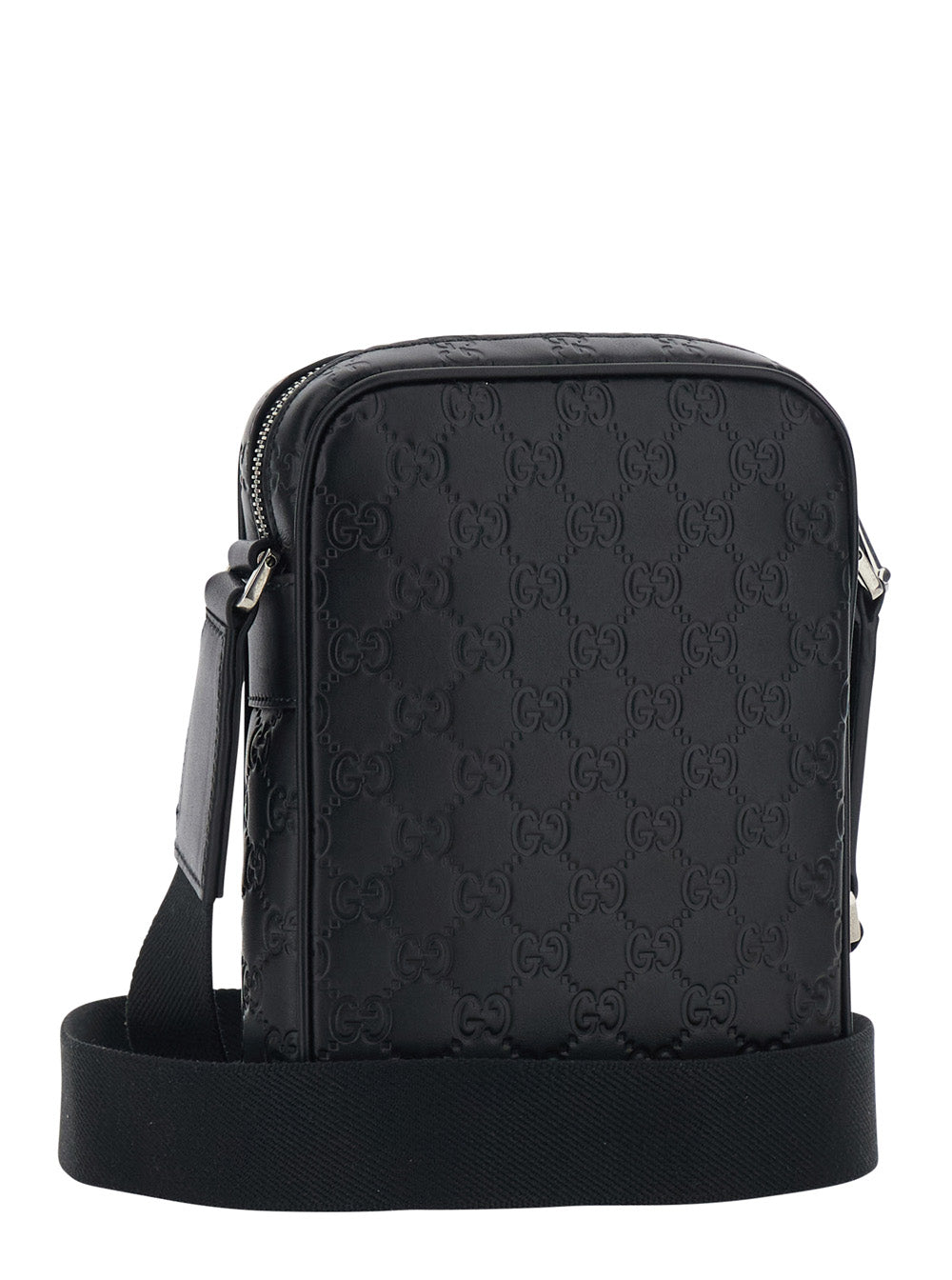 Gucci Men 'Emblem' Black Crossbody Bag With Adjustable Strap And All-Over Gg Motif In Leather For Men GUCCI
