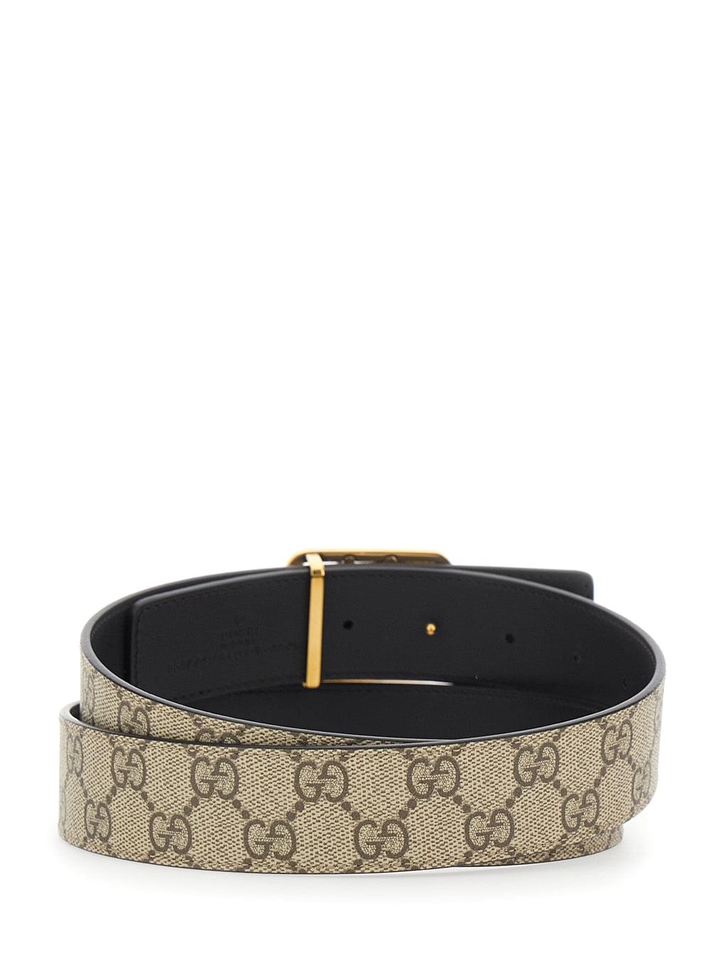 Gucci Men 'Gg Marmont' Beige Reversible Belt With Gg Buckle On The Front In Gg Supreme Fabric And Leather Man GUCCI