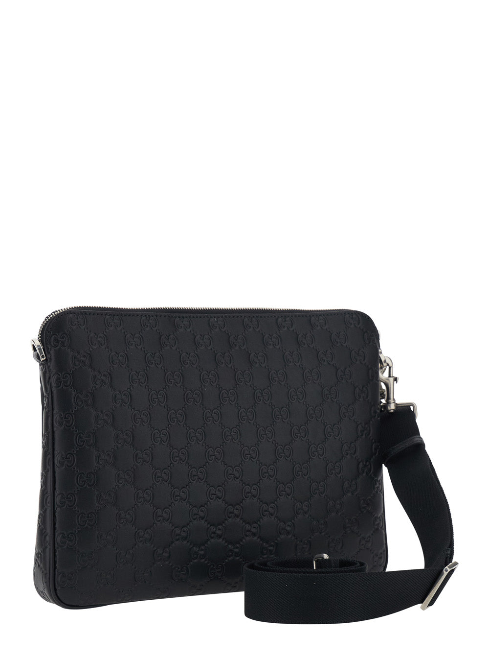 Gucci Men 'Emblem' Black Shoulder Bag With Adjustable And Removable Shoulder Strap And All-Over Embossed Gg Motif In Leather Man GUCCI