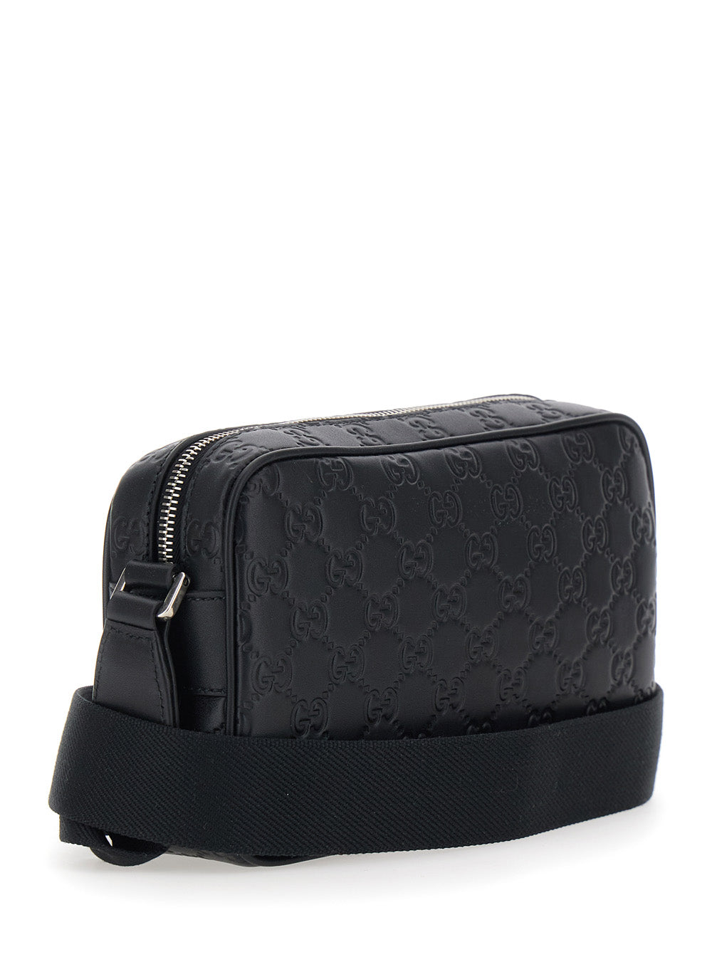 Gucci Men Black Emblem Shoulder Bag With Adjustable Strap And All-Over Gg Pattern In Leather For Men GUCCI