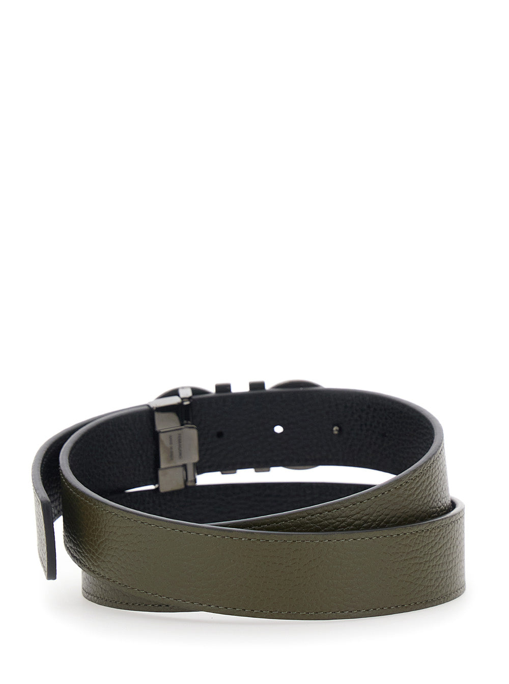 Ferragamo Men Green Reversible Belt With Gancini Buckle In Grained Leather For Men