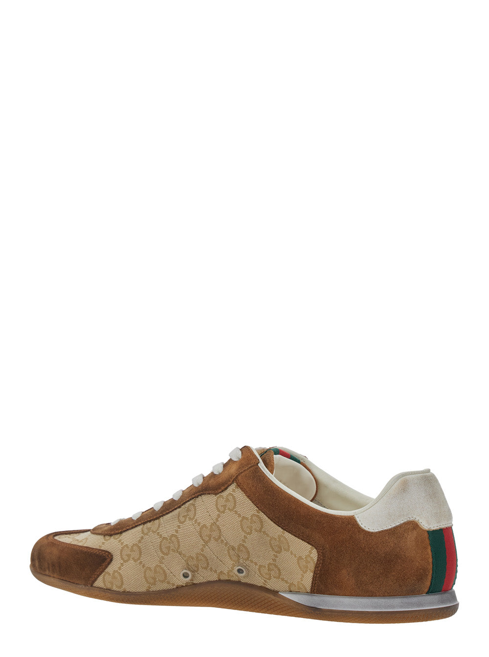 Gucci Men Beige Low Top Sneakers With Web Detail On Tongue And Heel In Gg Fabric And Suede For Men