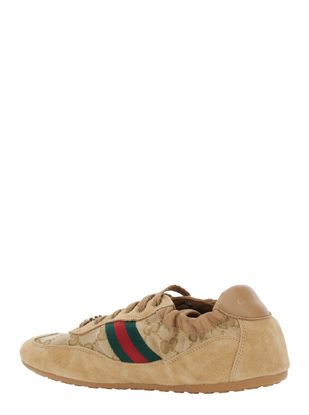 Gucci Women Beige Low Top Sneakers With Gg Plaque On The Lace And Web Band On The Side In Gg Canvas And Suede Woman GUCCI