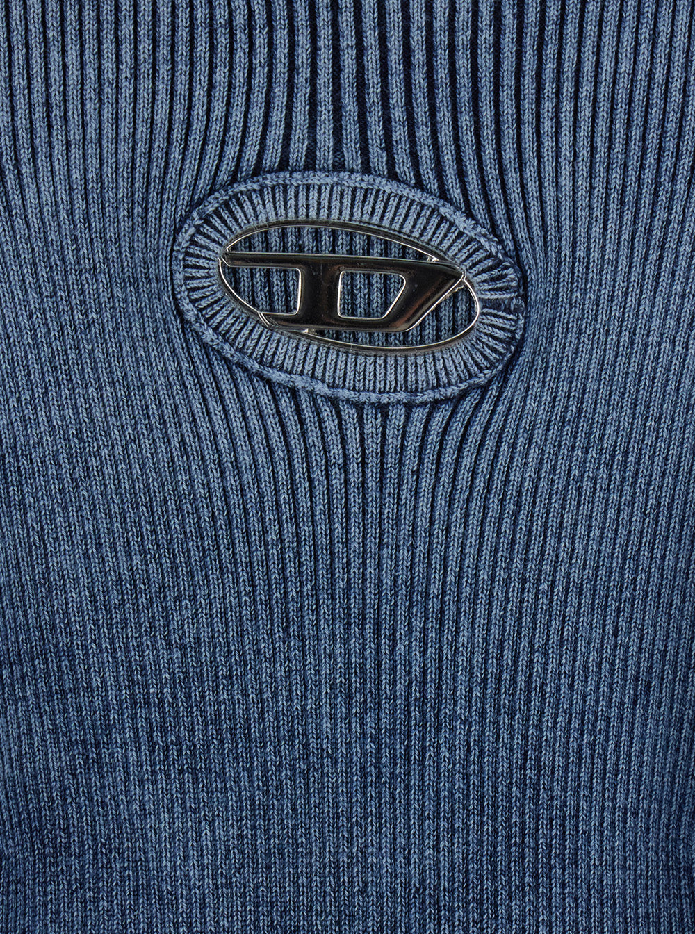 Diesel Women Blue Crew Neck And Sleeveless Dress With Cut-Out With Logo On The Front In Ribbed Cotton Woman DIESEL