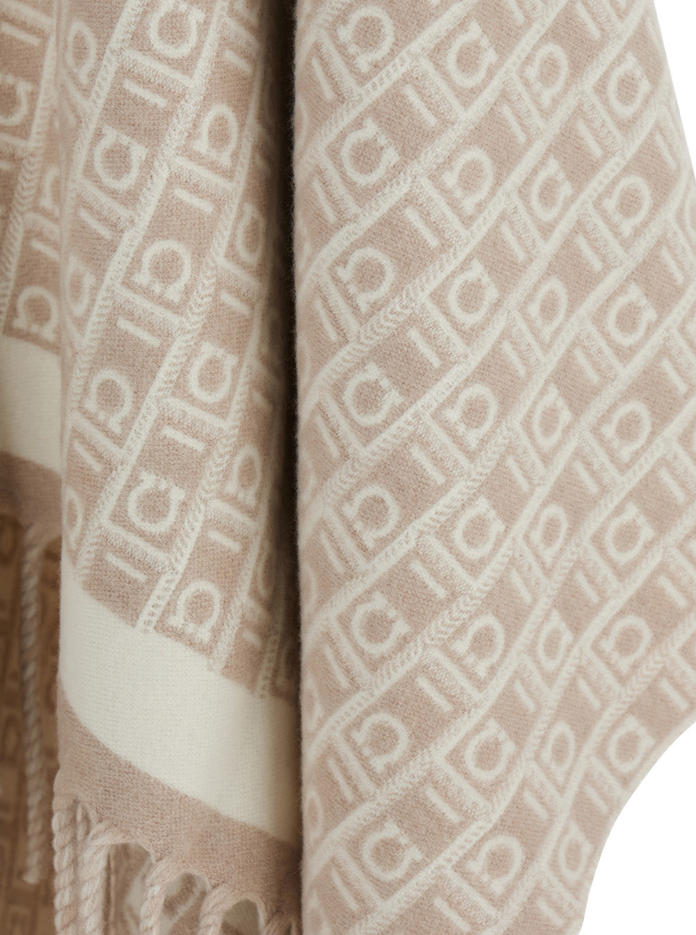 Ferragamo Women Beige Crewneck Cape With Fringed Hem And All-Over Gancini Embroidery In Wool Woman FERRAGAMO