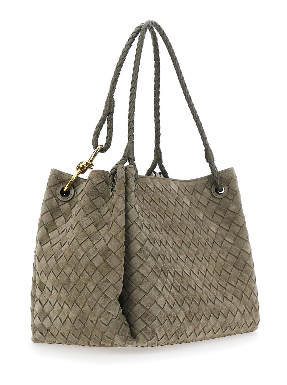 Bottega Veneta Women 'Parachute Large' Green Shoulder Bag With All-Over Intreccio Motif And Removable Pouch In Suede Woman BOTTEGA VENETA