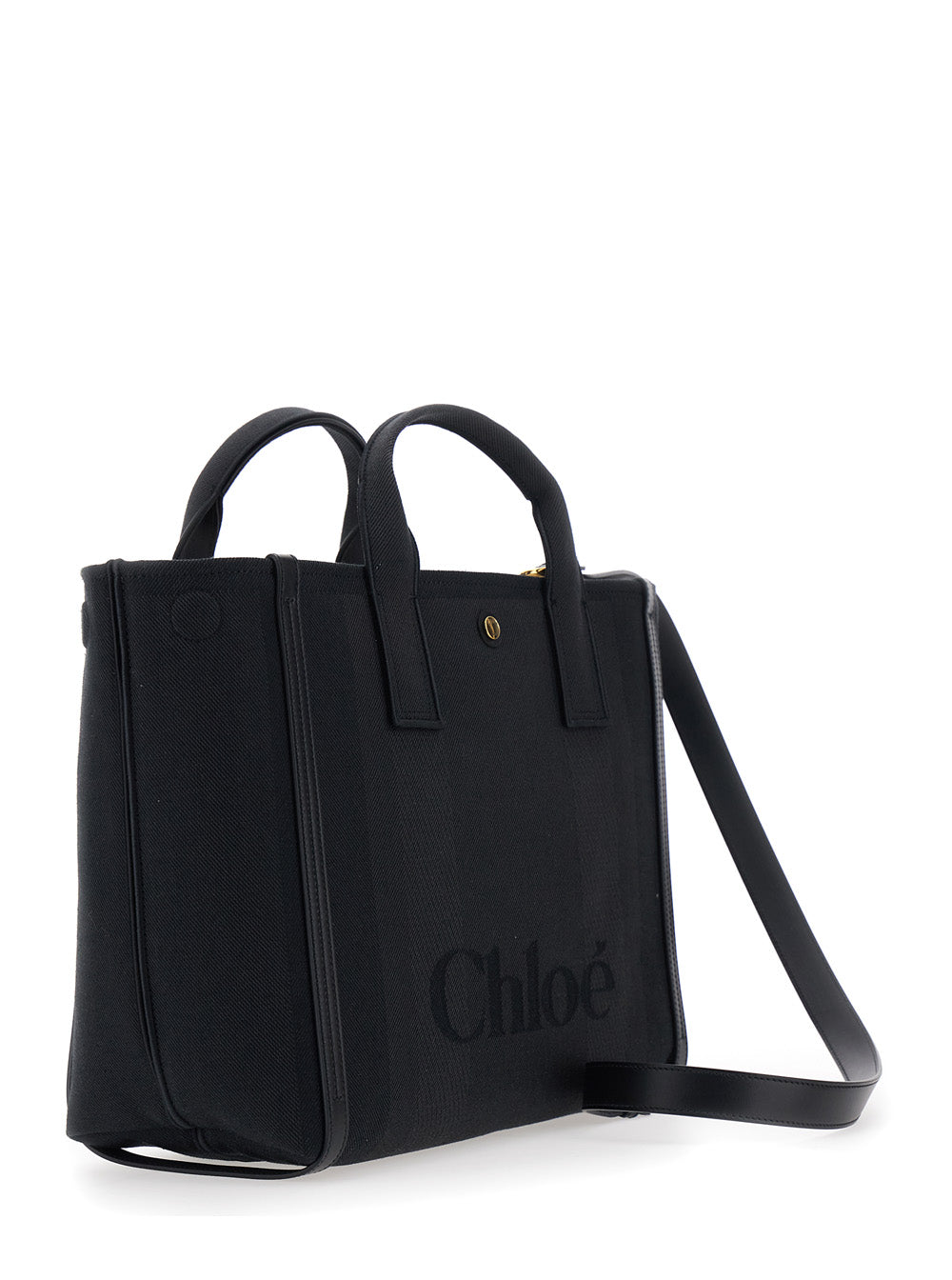 Chloé Women 'Carry Medium' Black Handbag With Front Logo Print In Cotton Canvas Woman CHLOE