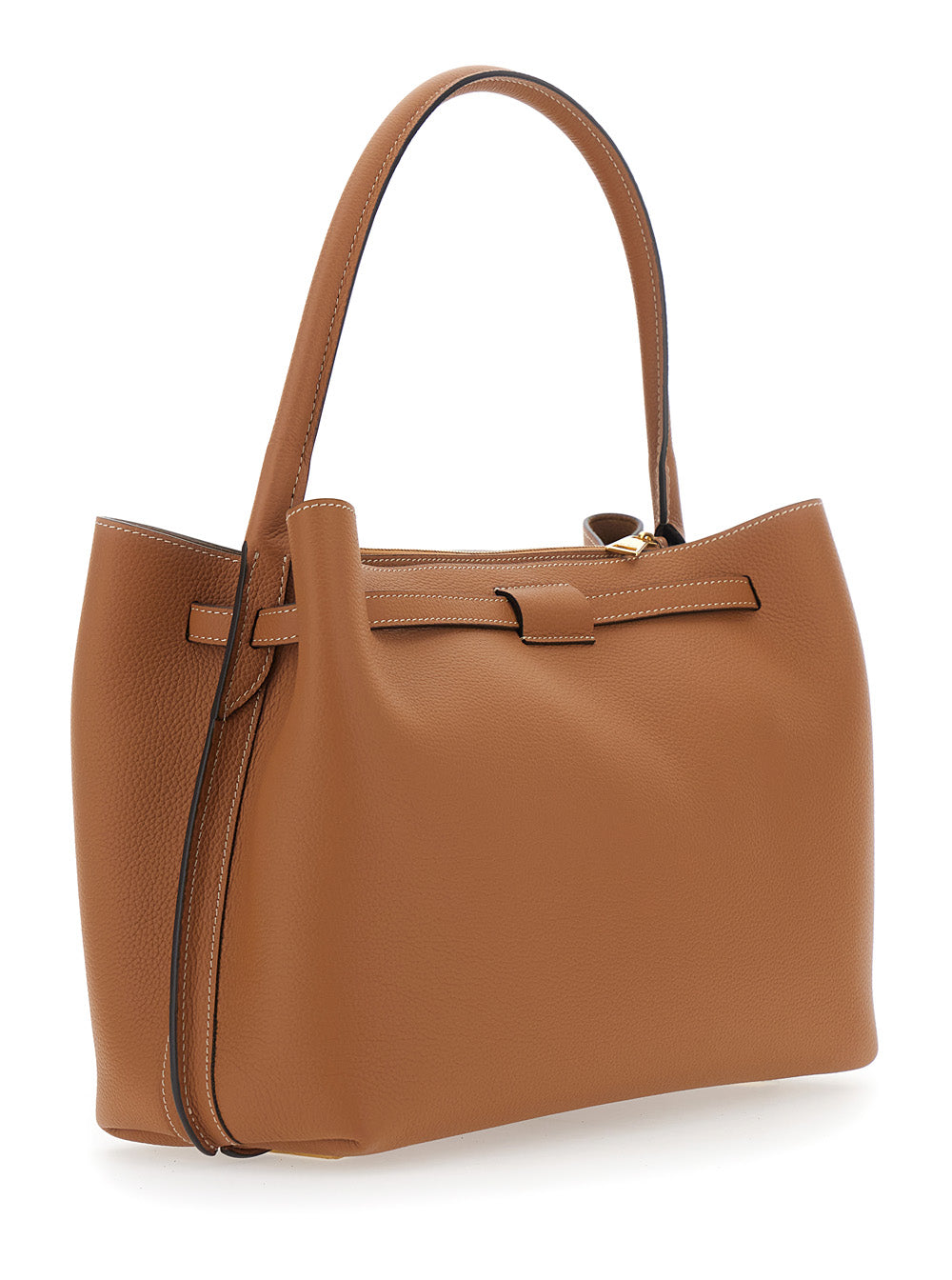 Tod's Women 'T-String' Brown Handbag With Adjustable And Removable Shoulder Strap And Buckled Belt Detail On The Front In Grained Leather Woman TOD'S