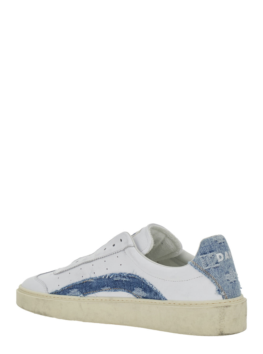 Dsquared2 Men White Low Top Sneakers With Denim Panels And Distressed Effect In Leather Man DSQUARED2