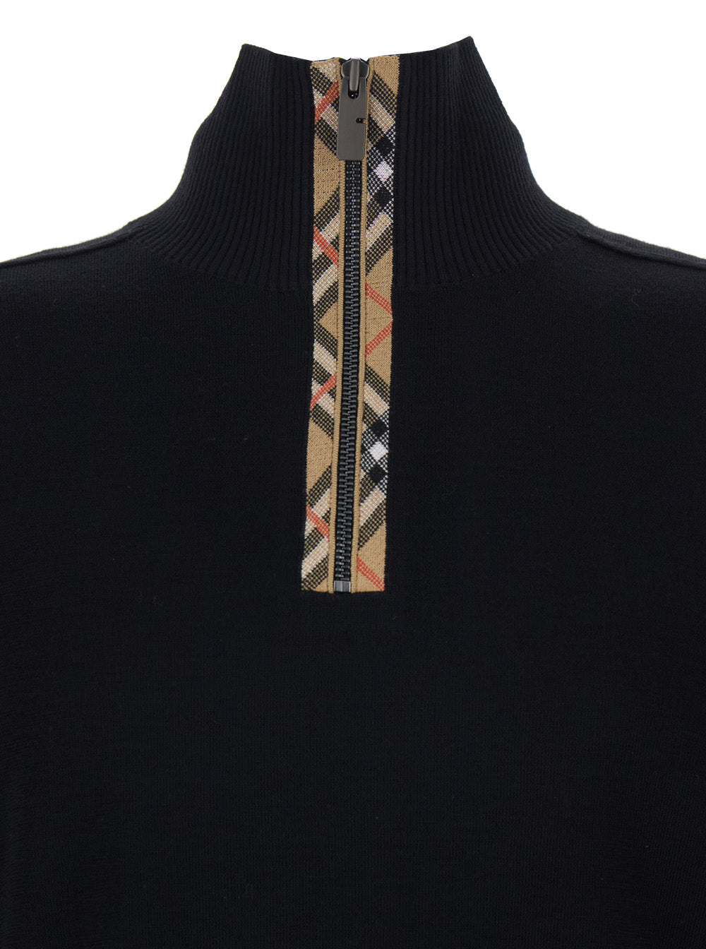 Burberry Men Black Turtleneck Sweater With Check Detail On The Front In Wool And Cotton Man BURBERRY