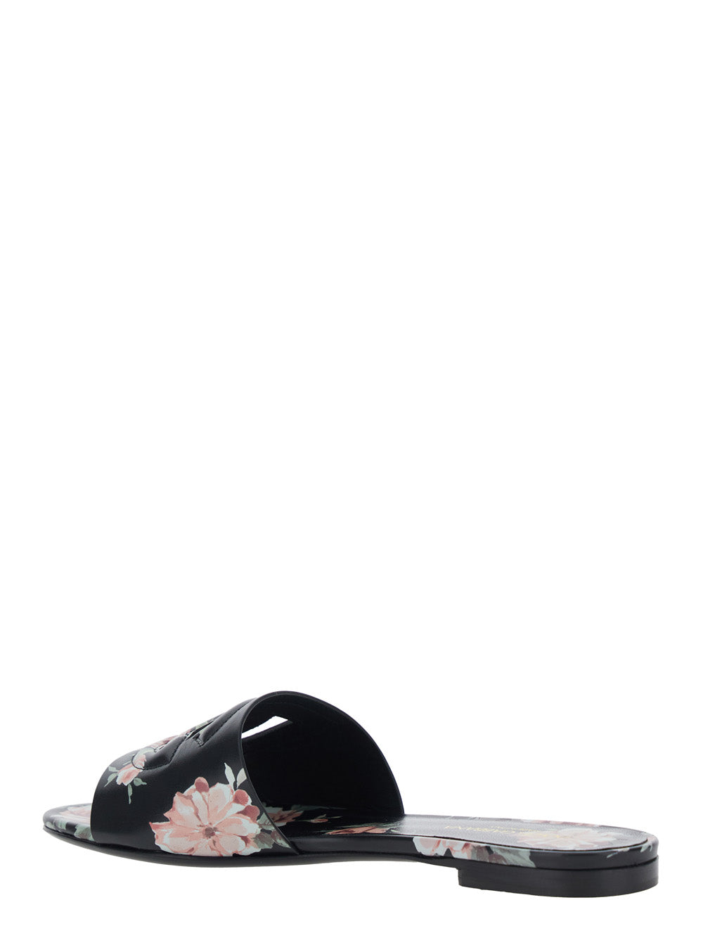 Dolce & Gabbana Women Black Leather Slide Sandals With Cut Out Dg Logo And Floral Motif For Women DOLCE & GABBANA