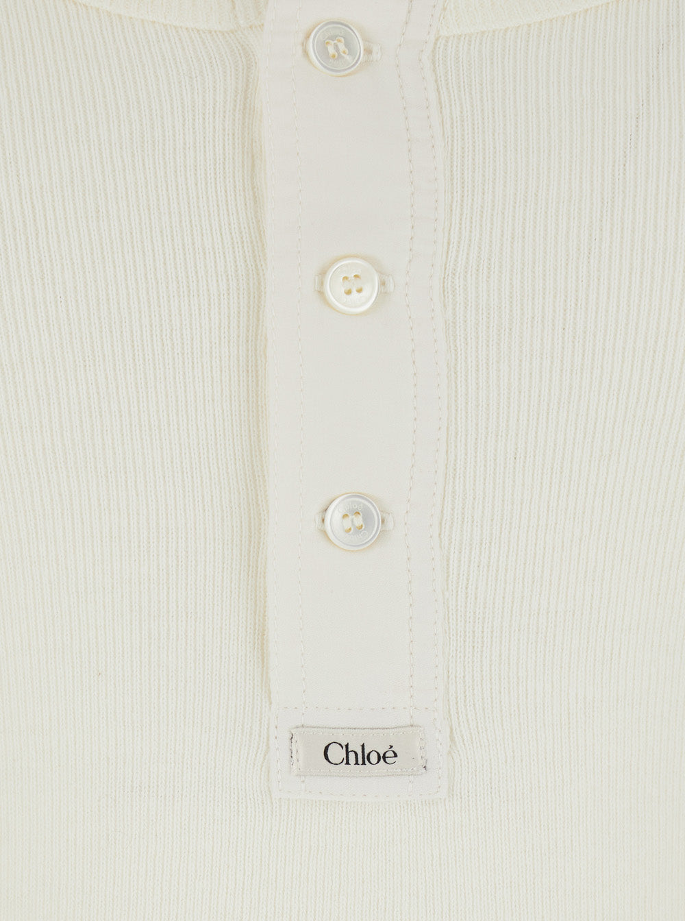 Chloé Women White Long Sleeve T-Shirt With Logo Patch On The Front In Ribbed Knit Cotton For Women CHLOE