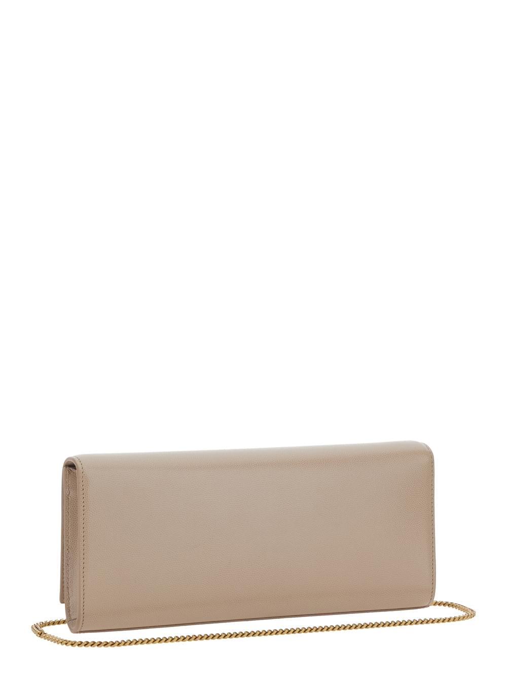 Saint Laurent Women 'Kate' Beige Crossbody Bag With Chain-Link Shoulder Strap And Cassandre Plaque On The Front In Grained Leather Woman SAINT LAURENT
