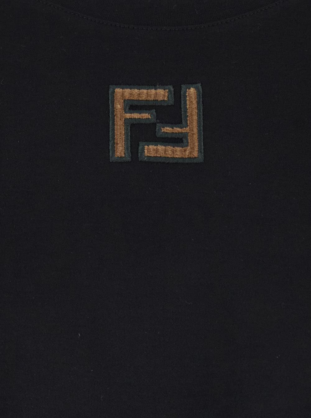 Fendi Men Black Crewneck T-Shirt With Ff Embroidery On The Front In Cotton Man FENDI