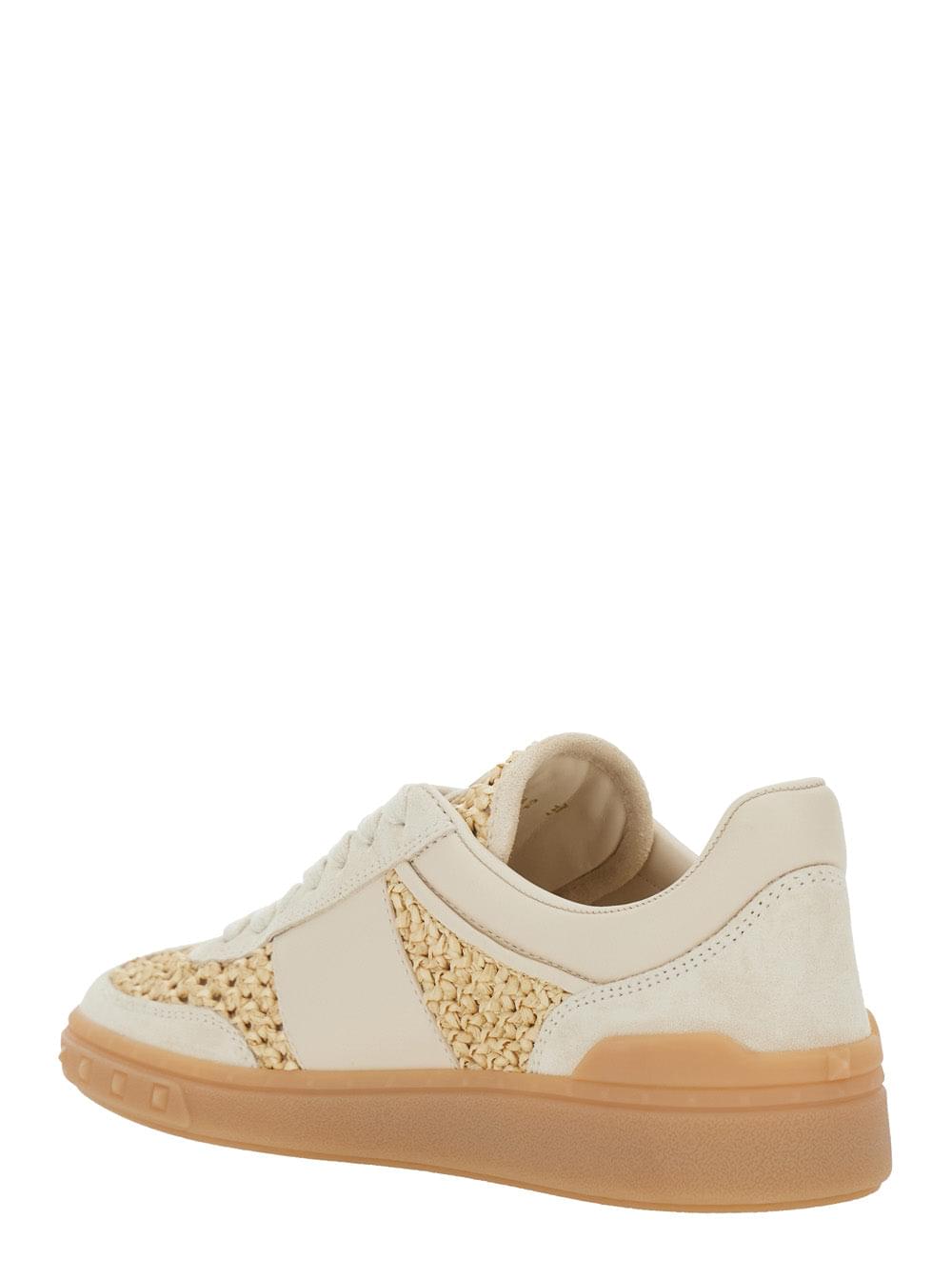 Valentino Garavani Women 'Upvillage' Beige Low Top Sneakers With Logo Patch On The Tongue And Raffia Details In Leather Woman VALENTINO GARAVANI