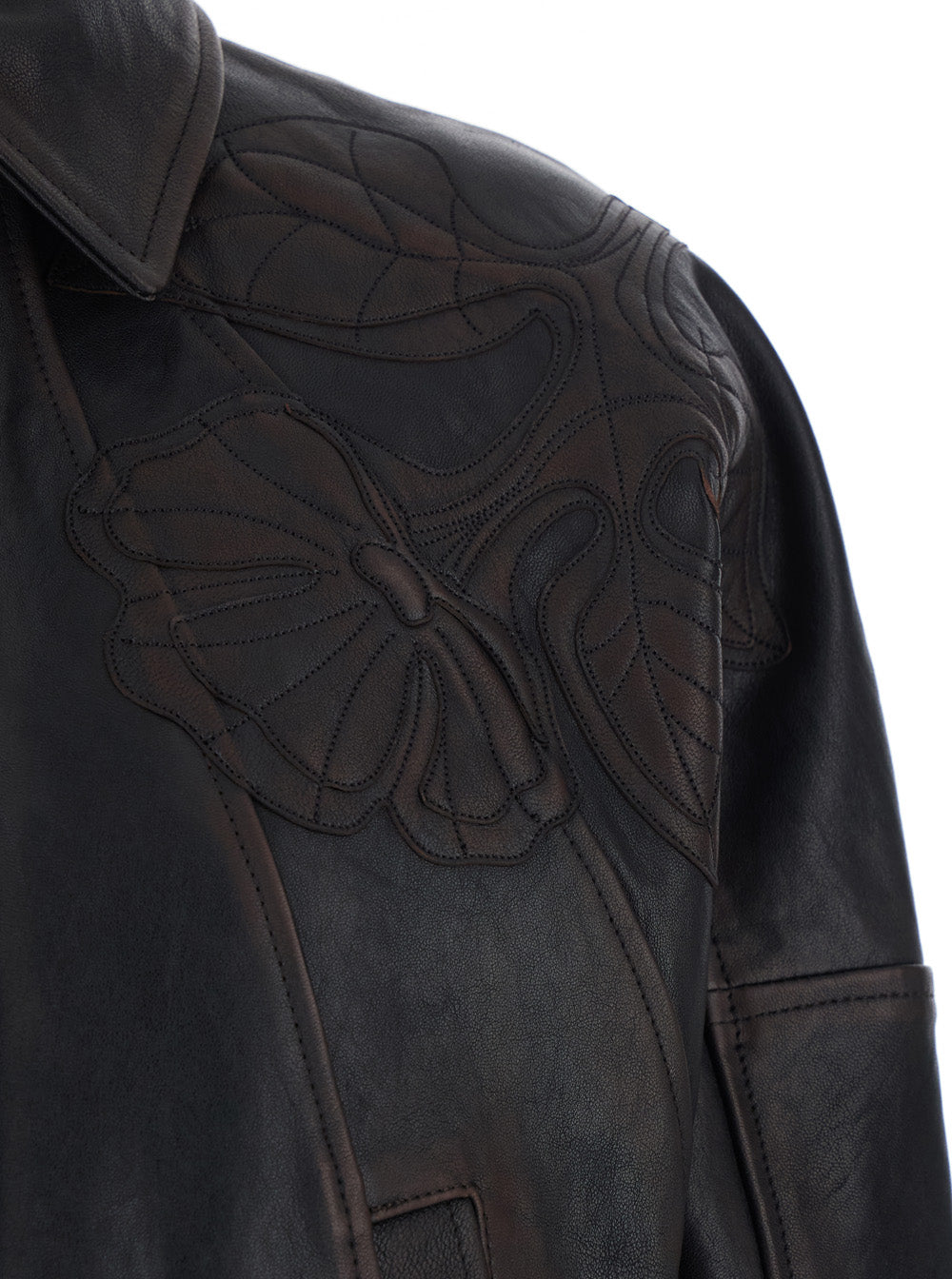 Golden Goose Women 'Journey' Brown Jacket With Classic Collar And All-Over Floral Embroidery In Leather For Women GOLDEN GOOSE