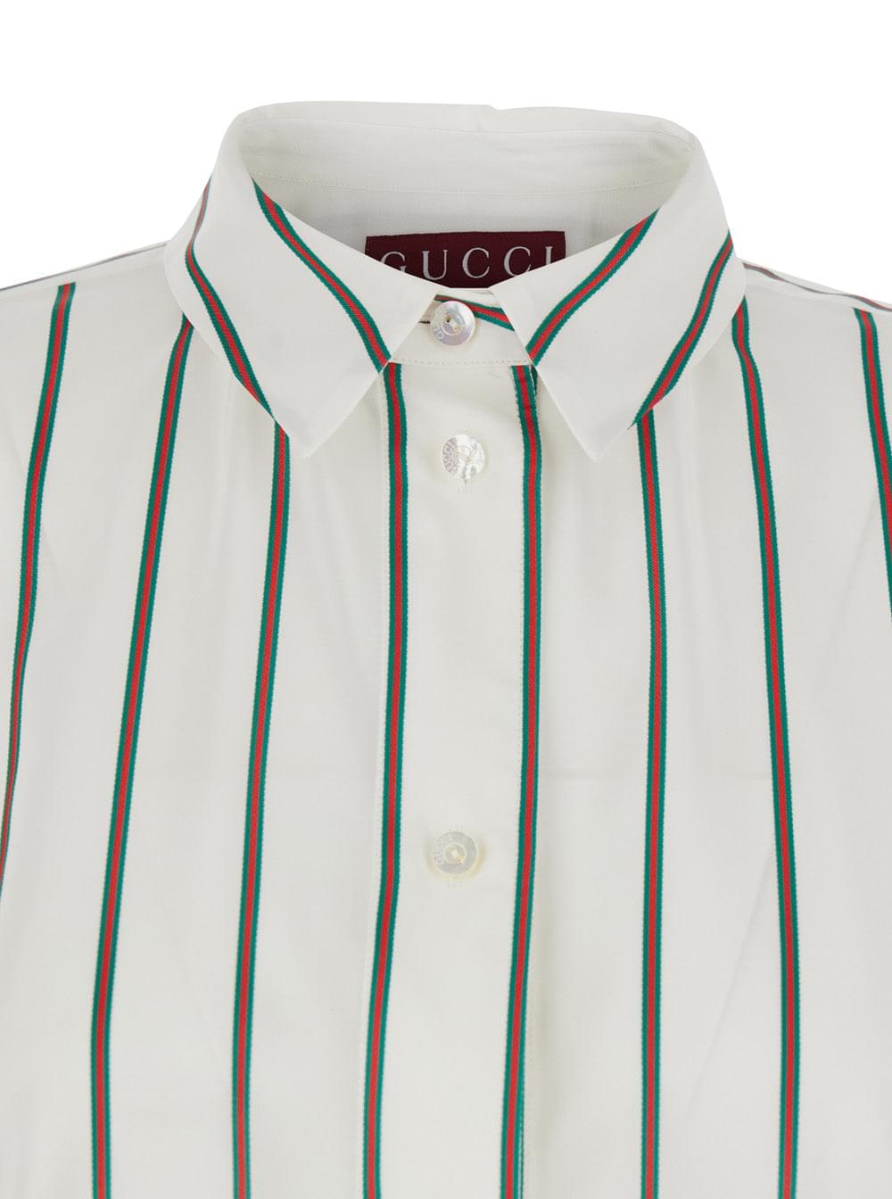 Gucci Women White Shirt With Classic Collar And All-Over Web Motif In Jacquard Silk For Women GUCCI