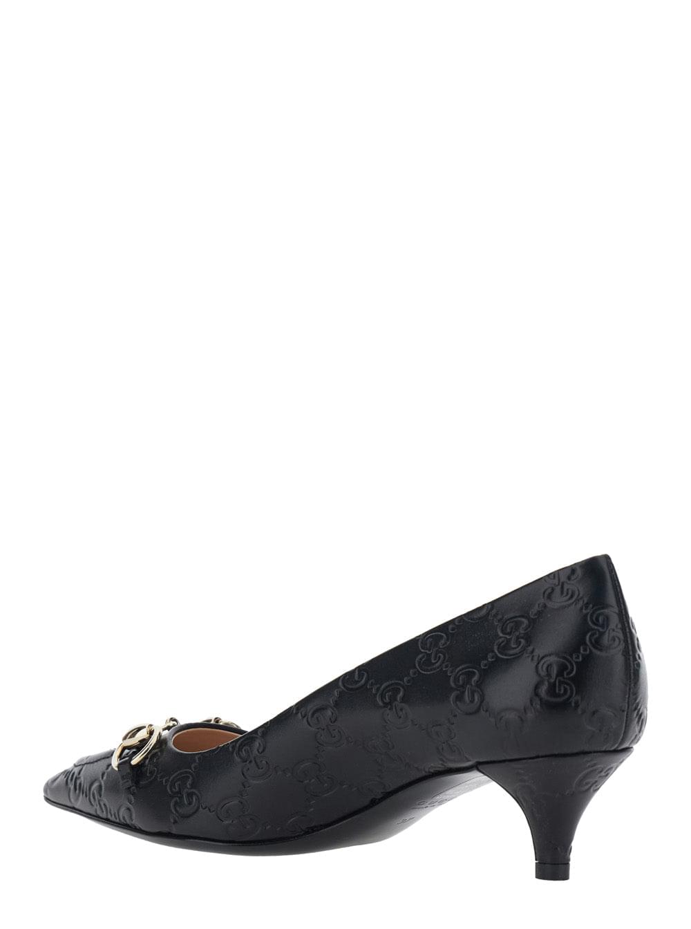 Gucci Women 'Erin' Black Pumps With Low Heel And Horsebit On The Front In Gg Leather Woman GUCCI