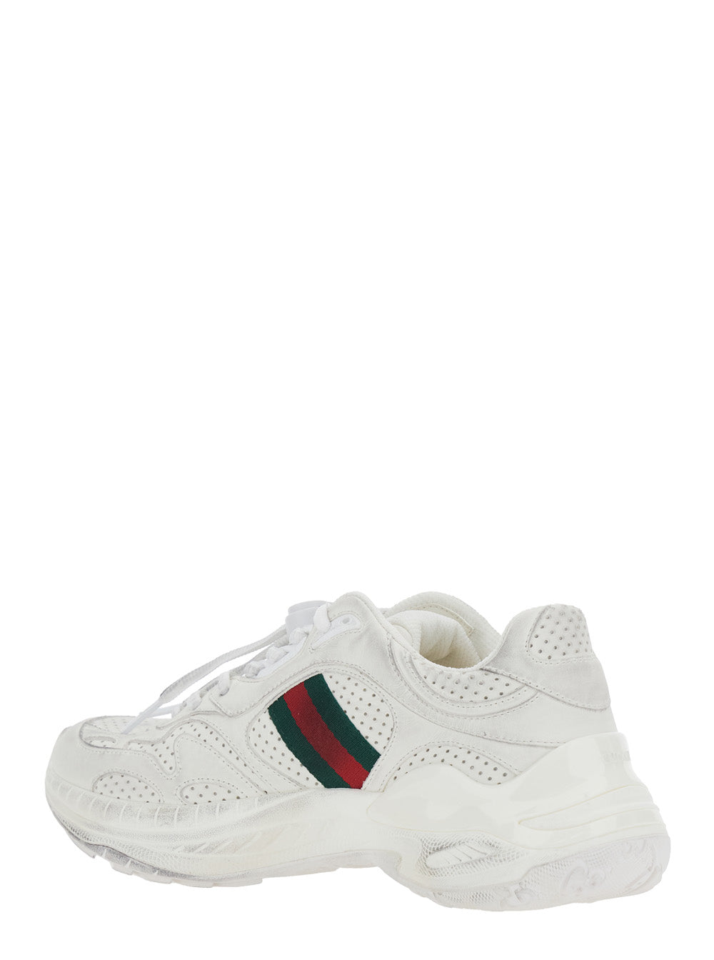 Gucci Women White Low Top Sneaker With Perforated Design And Web Detail On The Side In Leather For Women GUCCI