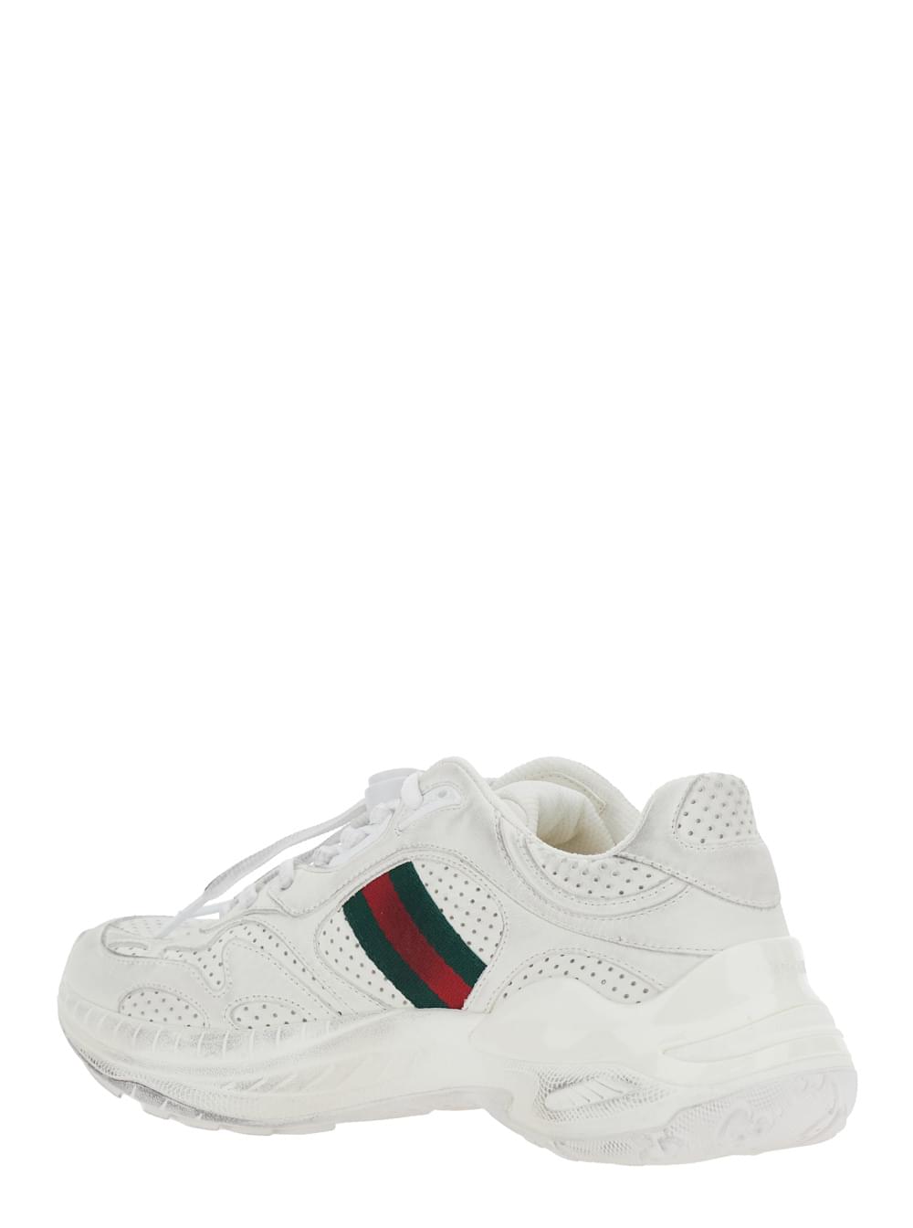 Gucci Women White Low Top Sneaker With Perforated Design And Web Detail On The Side In Leather For Women GUCCI