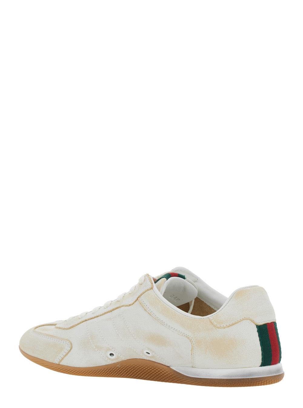 Gucci Women White Sneaker 'Elan' Low Top With Web Detail On Tongue And Suede Heel For Women GUCCI