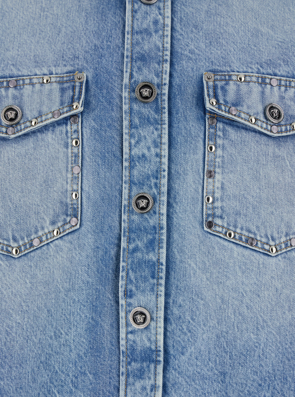 Versace Men Light Blue Shirt With Classic Collar And Two Patch Pockets On The Front In Denim For Men VERSACE
