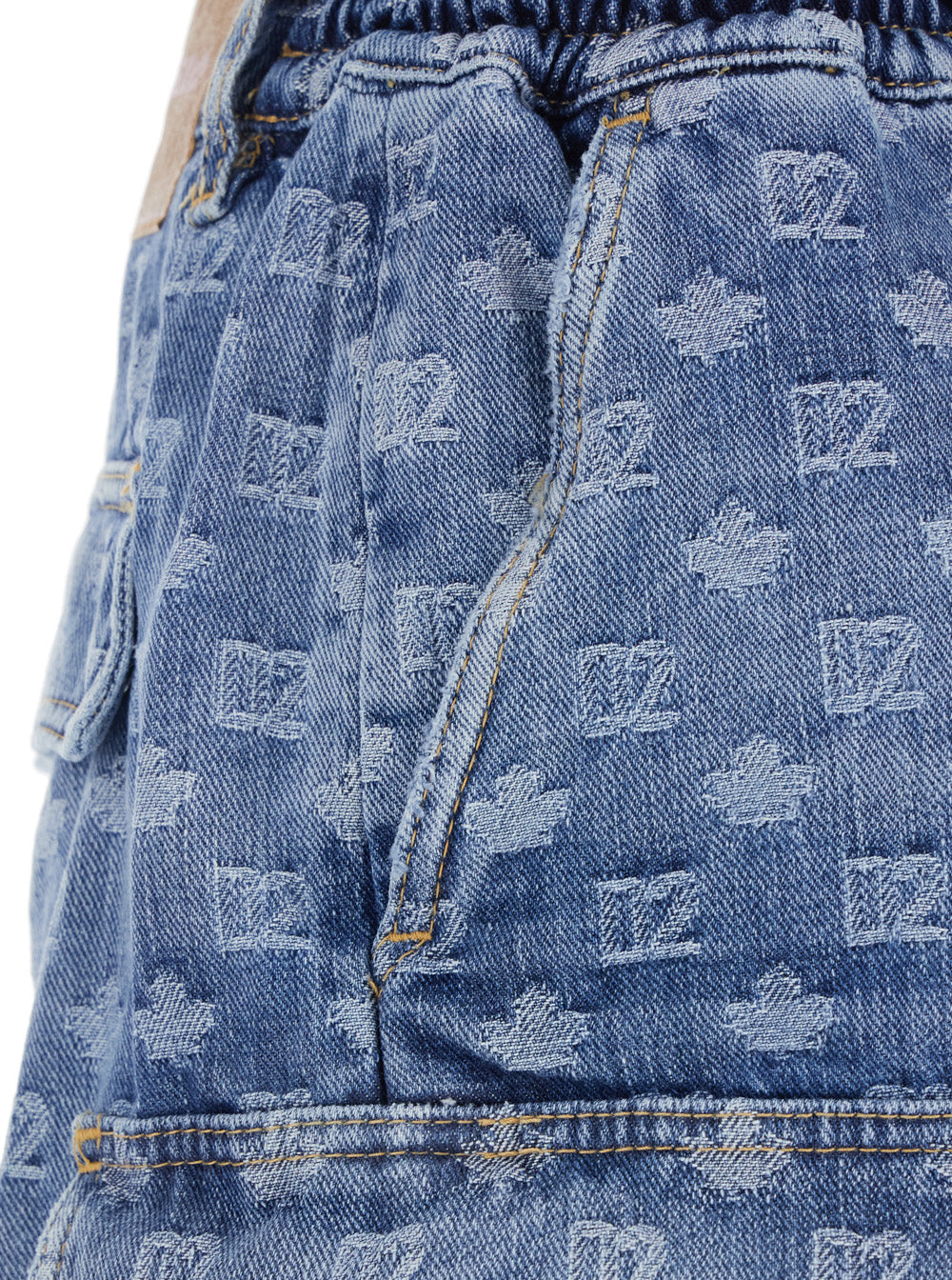 Dsquared2 Men Blue Five-Pocket Bermuda Shorts With All-Over Monogram Logo And Two Cargo Pockets In Denim Man DSQUARED2