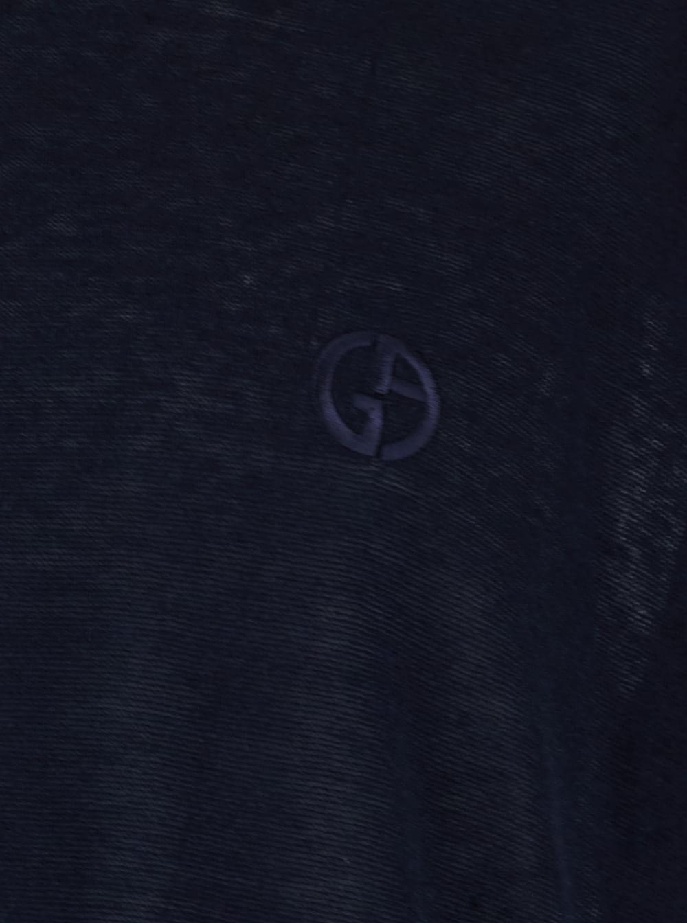 Giorgio Armani Men Blue Crew Neck T-Shirt With Tone-On-Tone Logo On The Front In Linen And Silk Blend Man GIORGIO ARMANI
