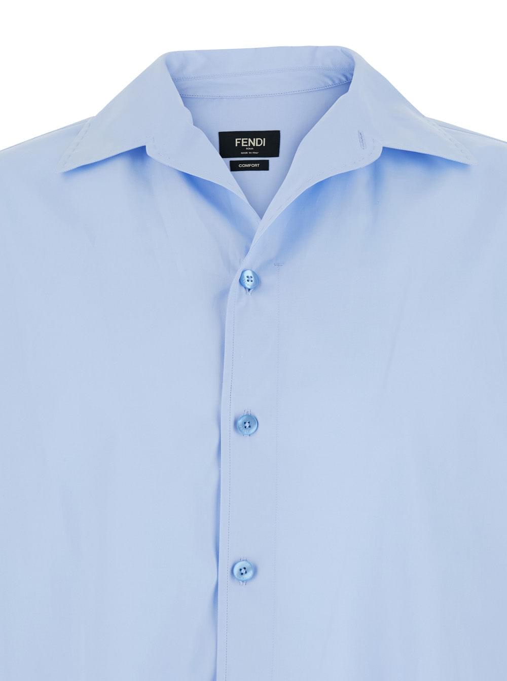 Fendi Men Light Blue Shirt With Classic Collar In Cotton For Men FENDI